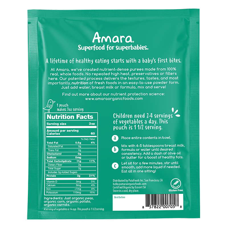 100% Veggie Blend: Peas, Corn & Carrots.